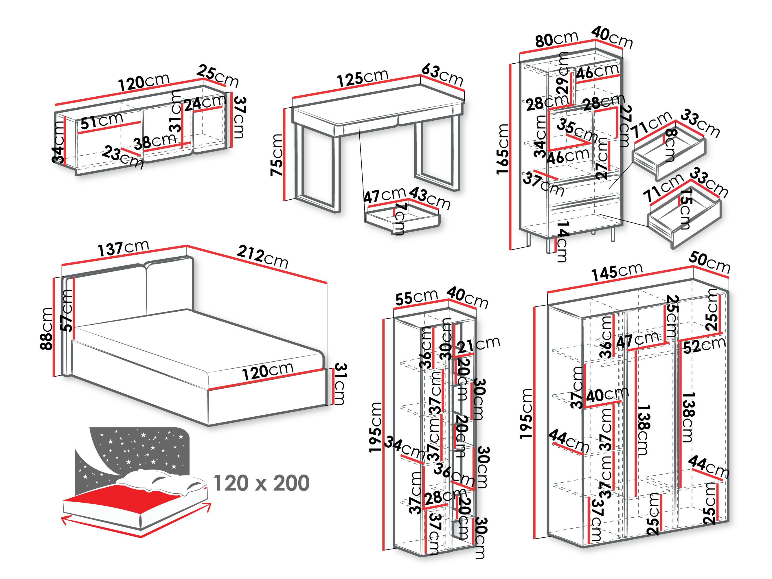 Ensemble de chambre Fiosono 113 (Vert poussiéreux + Chêne)
