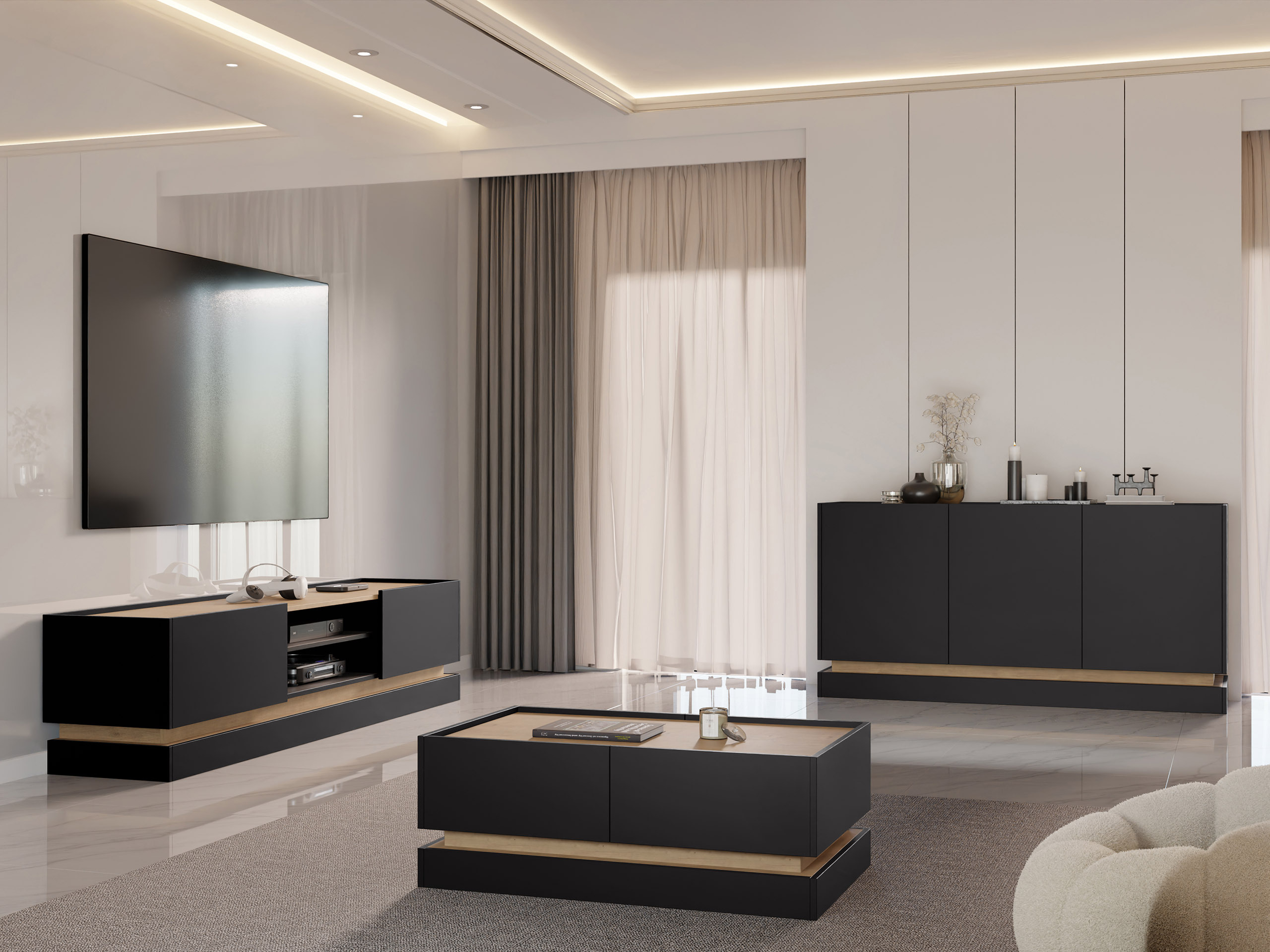 Ensemble de salon Comfivo Tilia (Noir + Chêne)