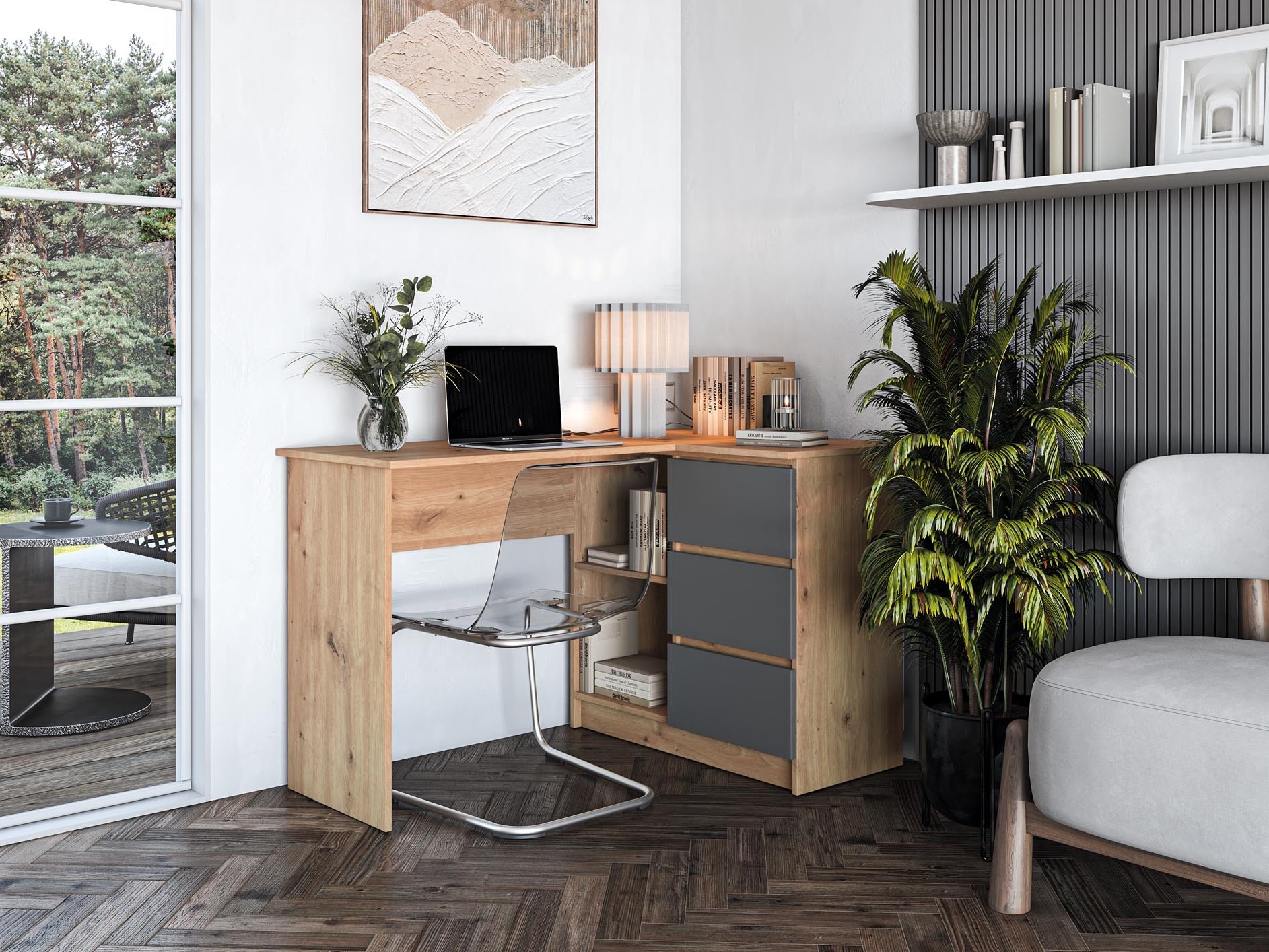 Bureau d'angle Houston 1950 (Graphite + Chêne Artisan)