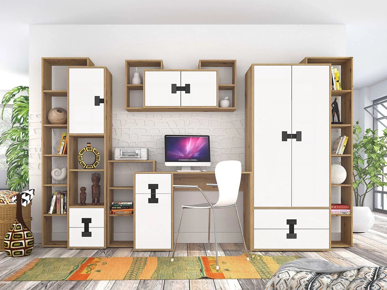 Ensemble de bureau à domicile Florevi 104 (Mat blanc + Chêne Artisan)