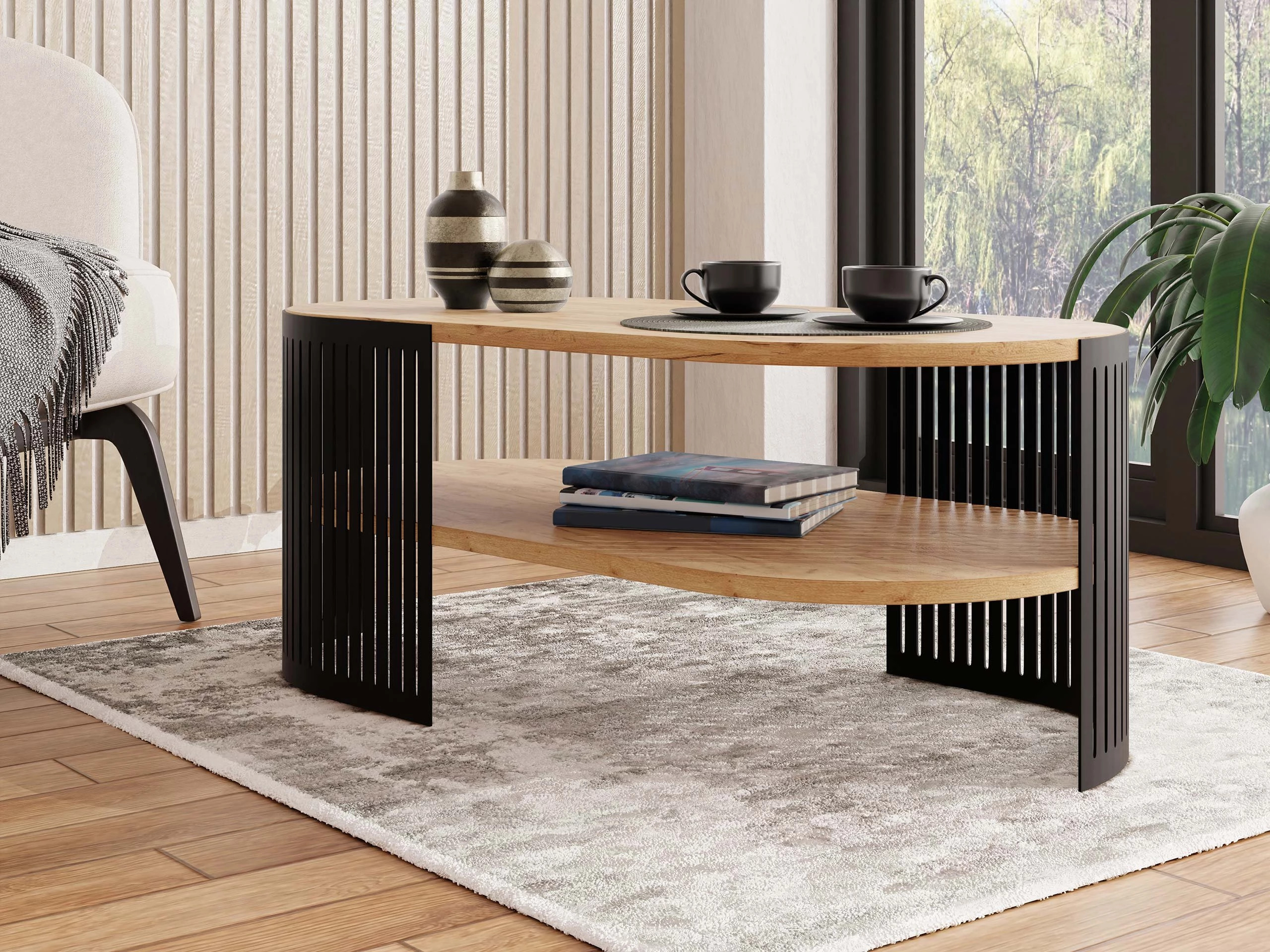 Table basse Civer VI (Noir + Chêne doré artisanal)