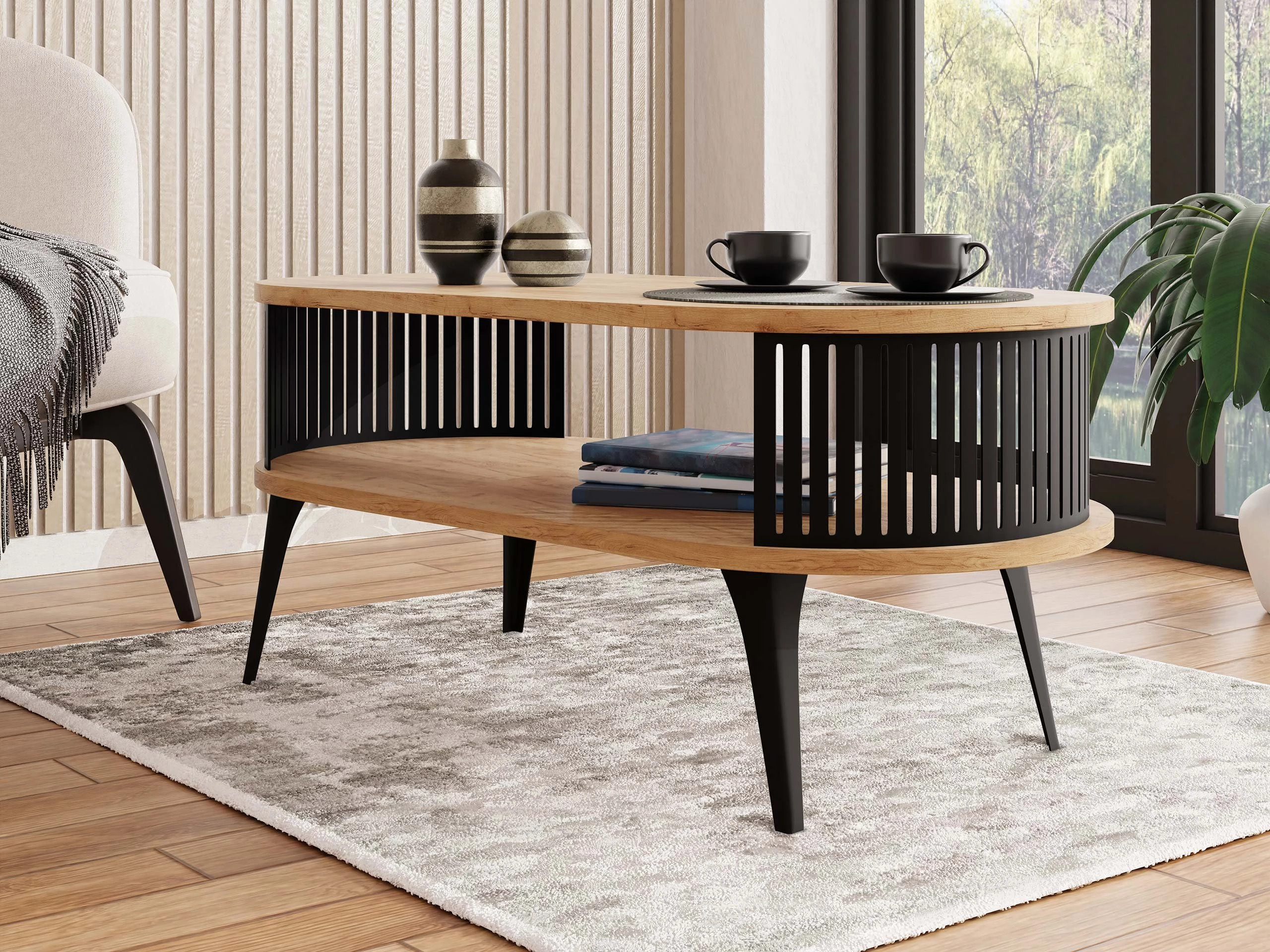 Table basse Vitum III (Noir + Chêne doré artisanal)