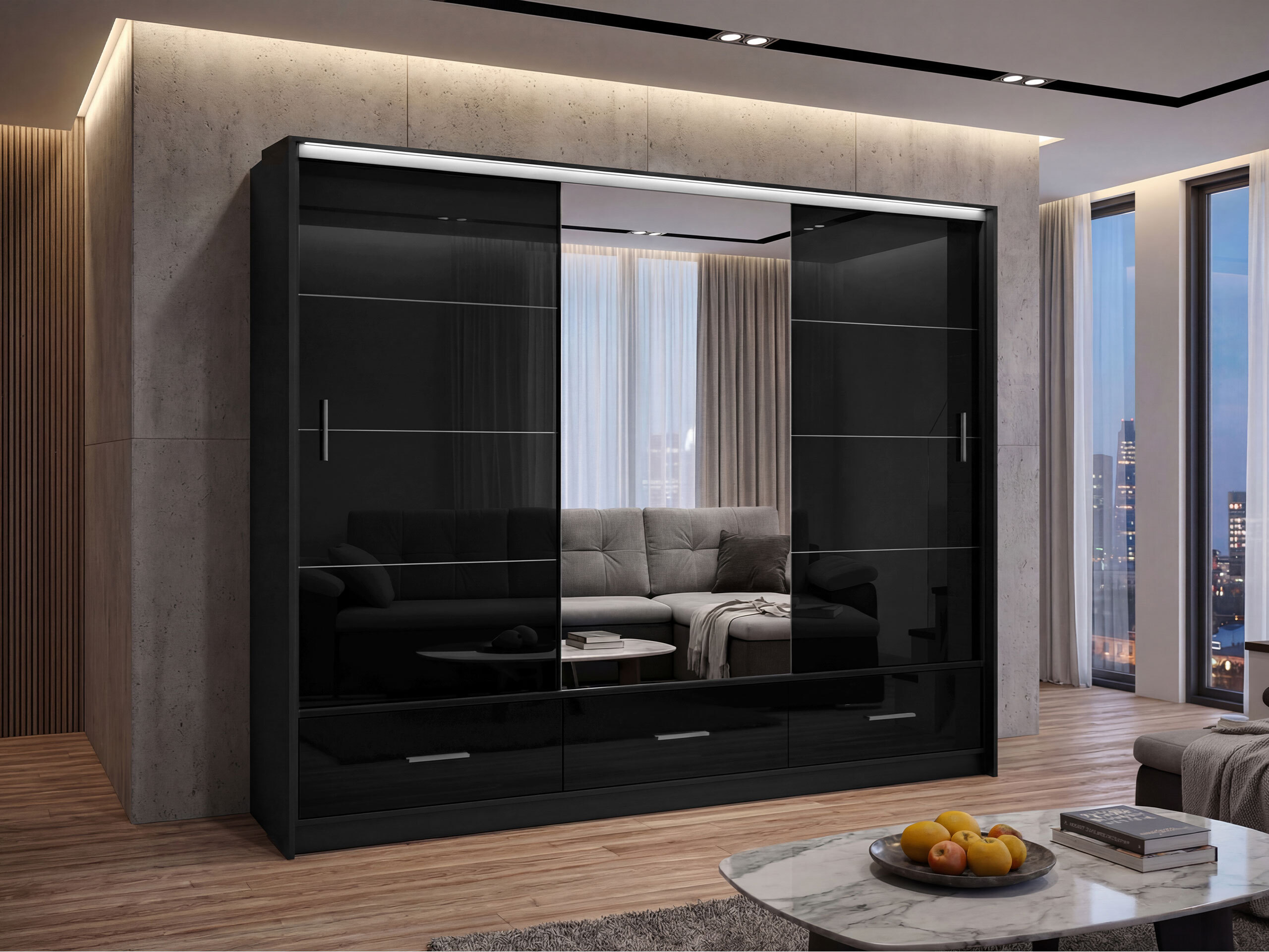 Armoire Honolulu 203 (Noir + Noir brillant)