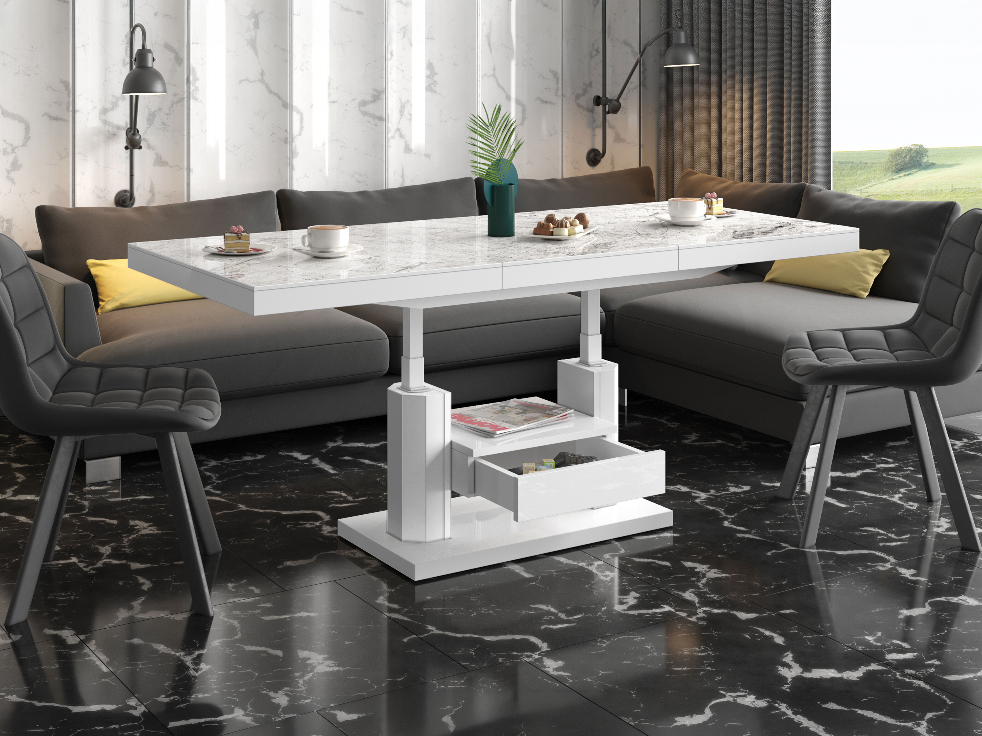 Table basse transformateur Hoboken 100 (Marbre blanc + Blanc brillant)