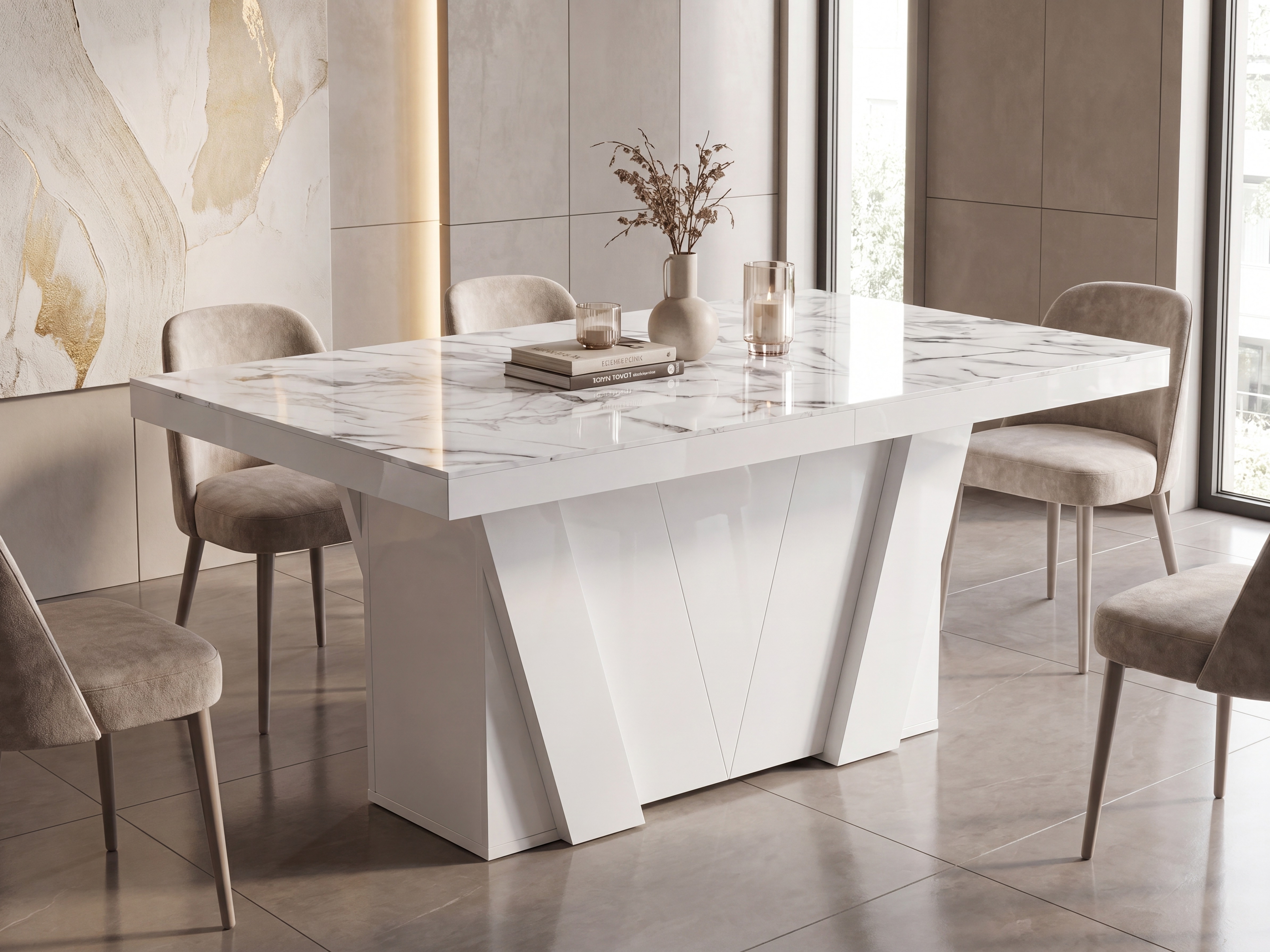Table Hoboken 101 (Marbre blanc + Blanc brillant)