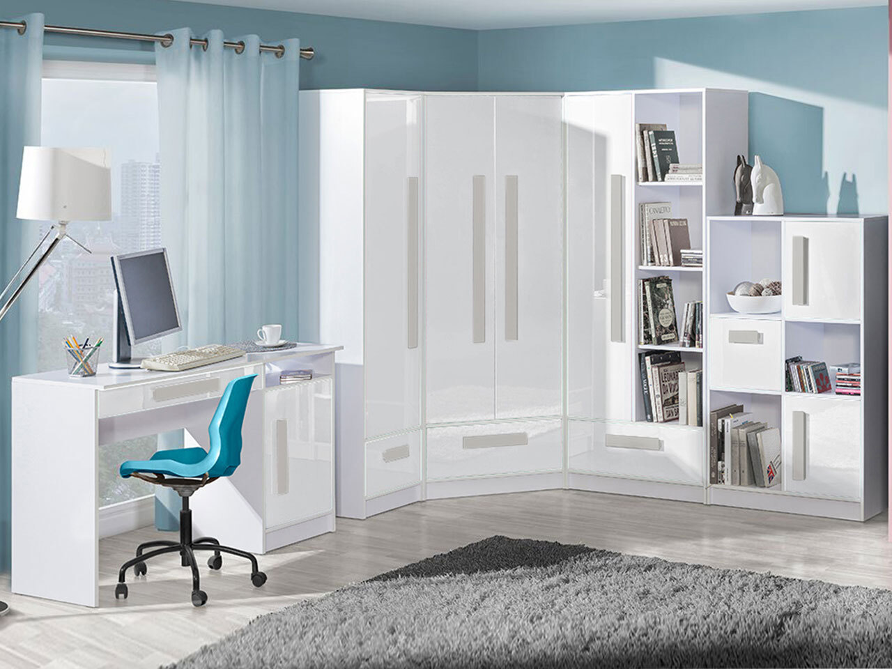 Étagère Merevari 105 (Blanc + Blanc brillant + Gris)