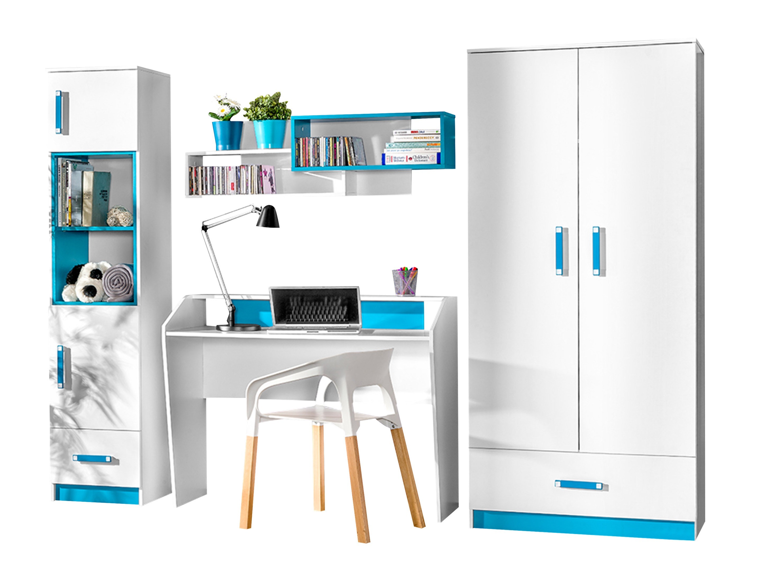 Chambre enfant complète Sorviru 106 (Blanc + Turquoise)