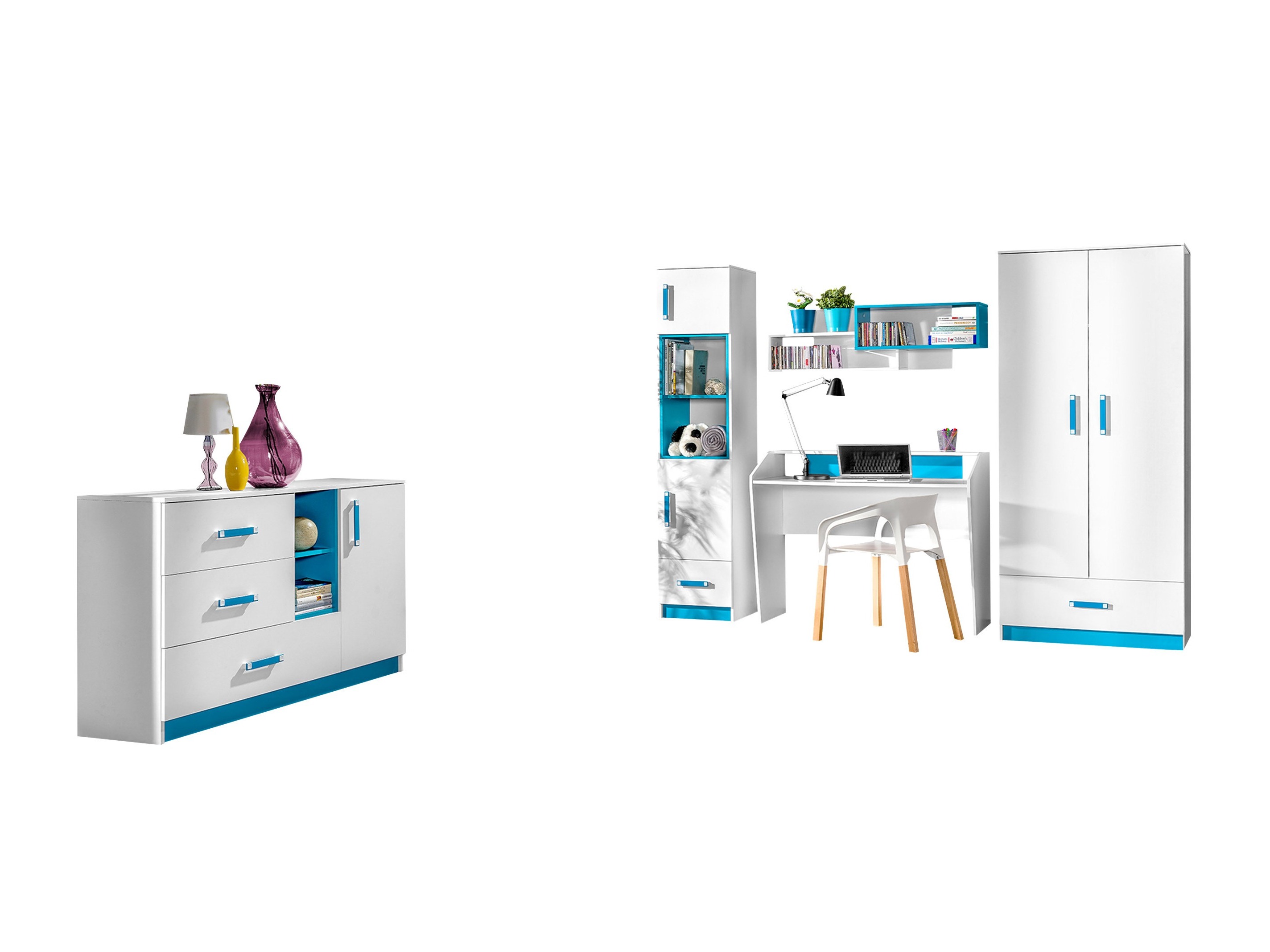 Chambre enfant complète Sorviru 107 (Blanc + Turquoise)