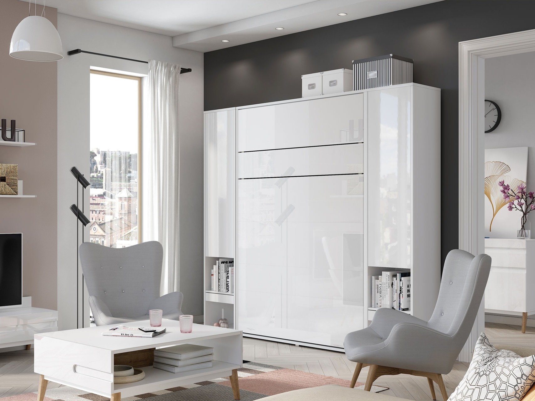 Lit escamotable Concept Lenart (Blanc + Blanc brillant)