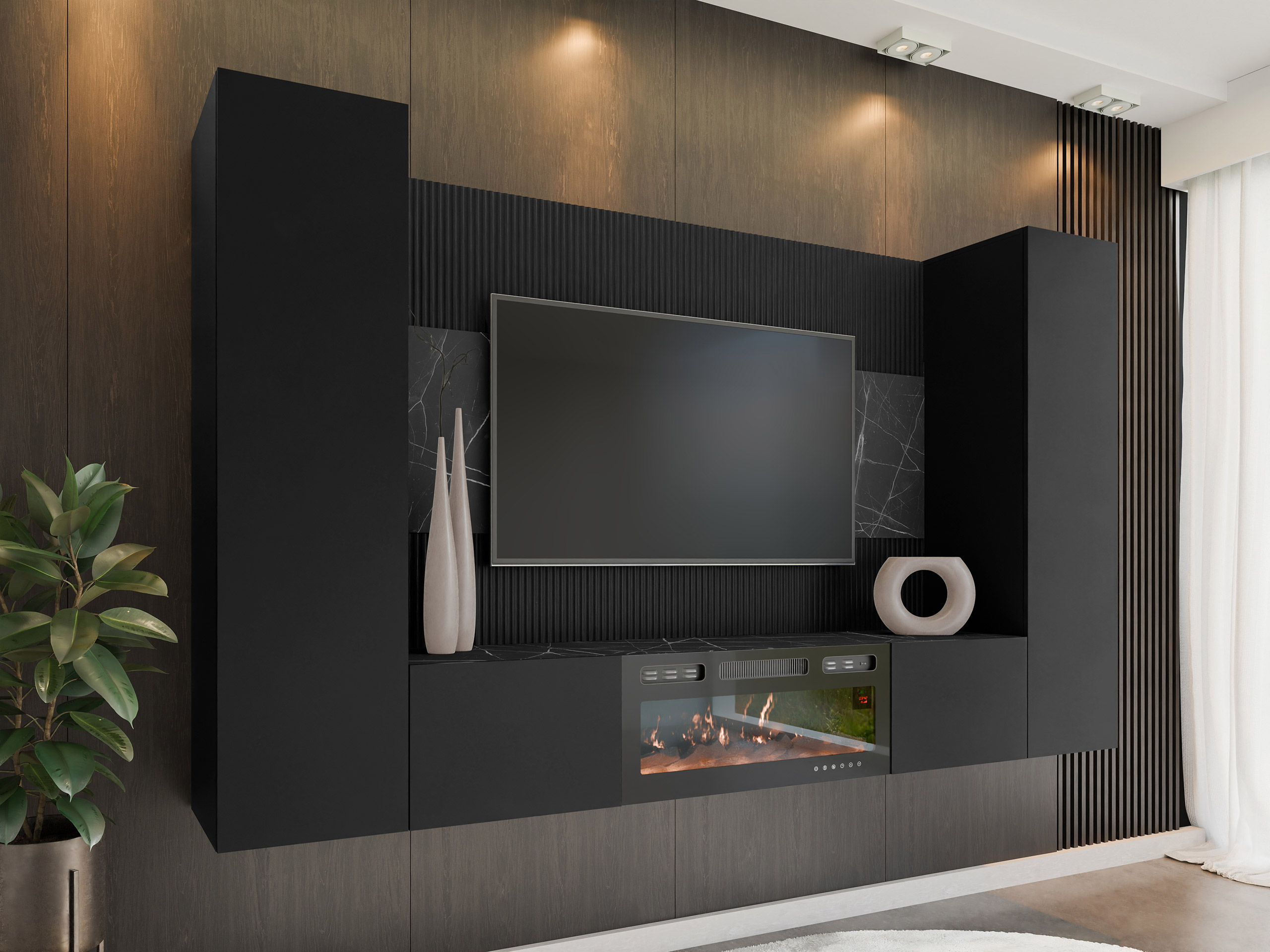 Ensemble de salon Comfivo Salix VIII (Noir + Marbre noir)