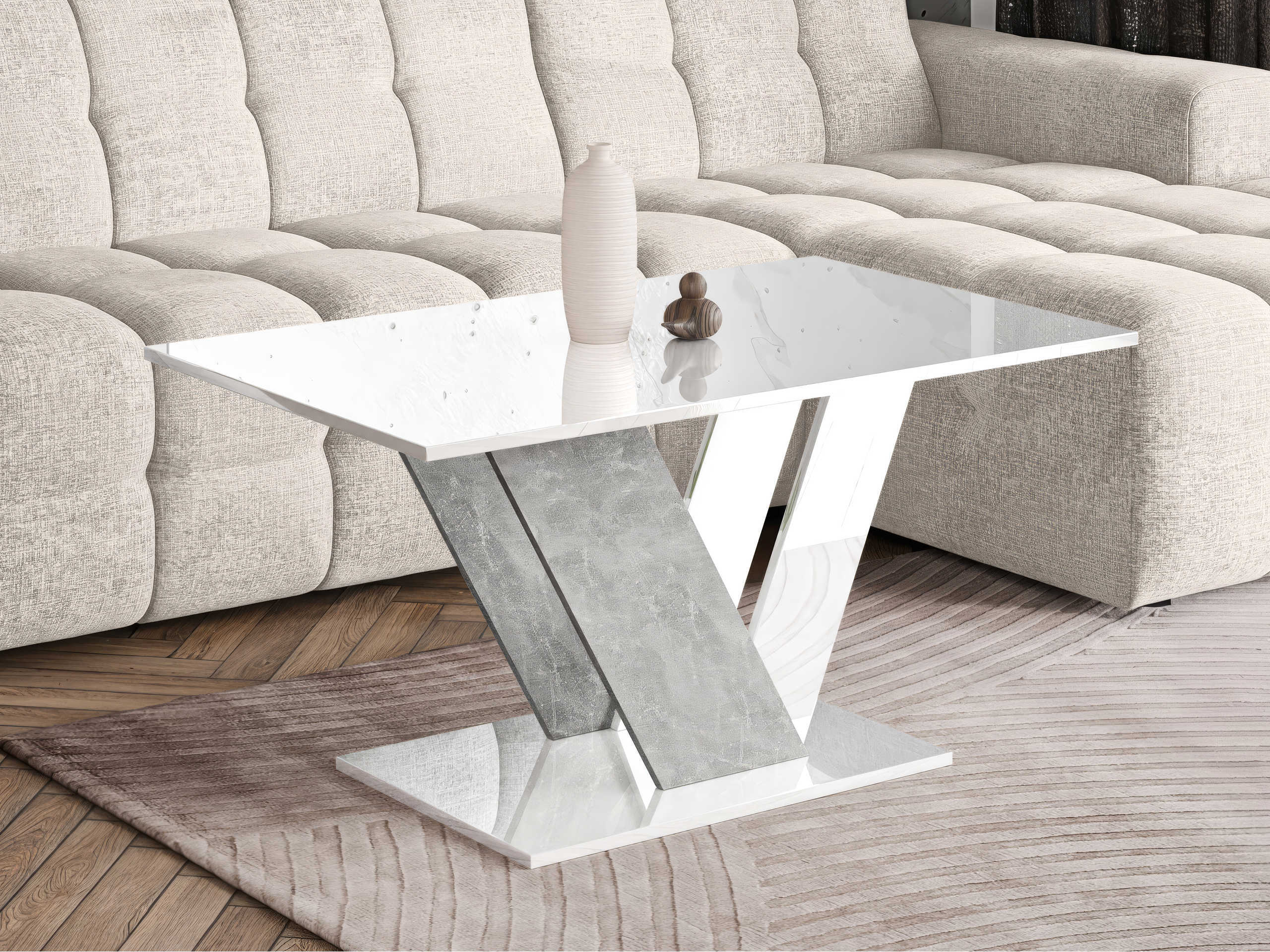 Table basse Goodyear 142 (Blanc brillant + Béton)