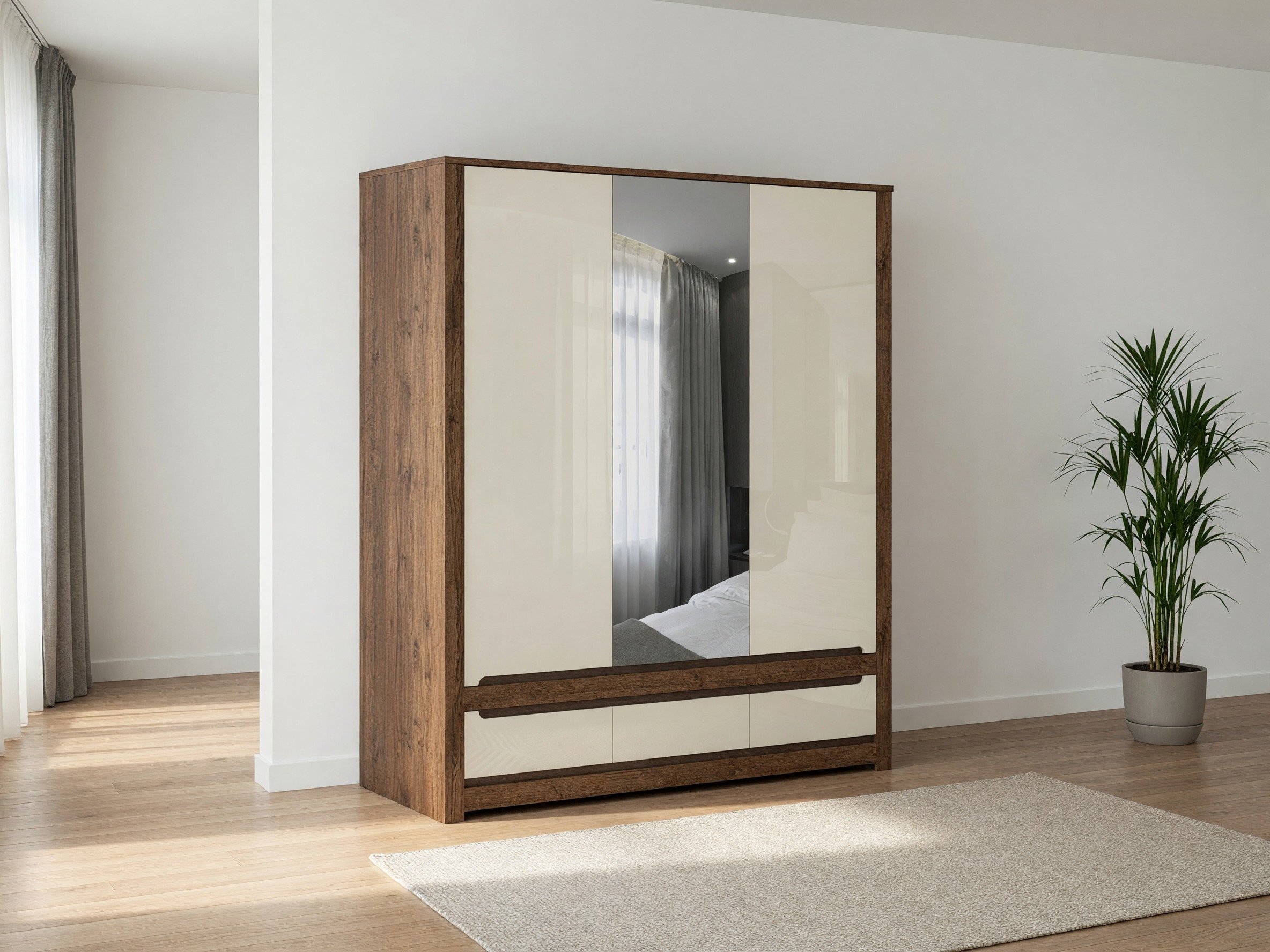 Armoire Ophevaru 114 (Crème brillante + April chêne)