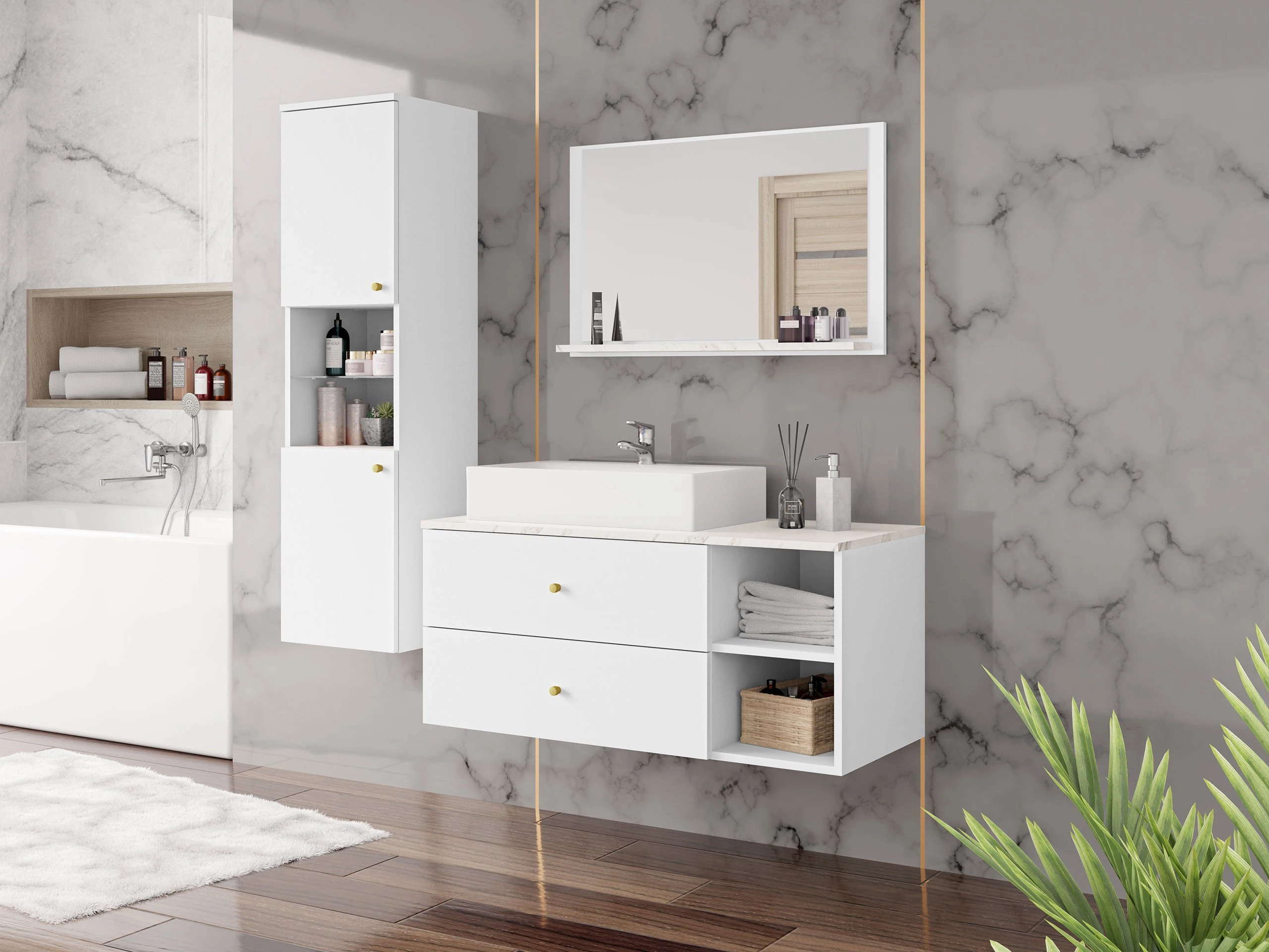 Miroir de salle de bain Salus (Blanc + Marbre blanc)