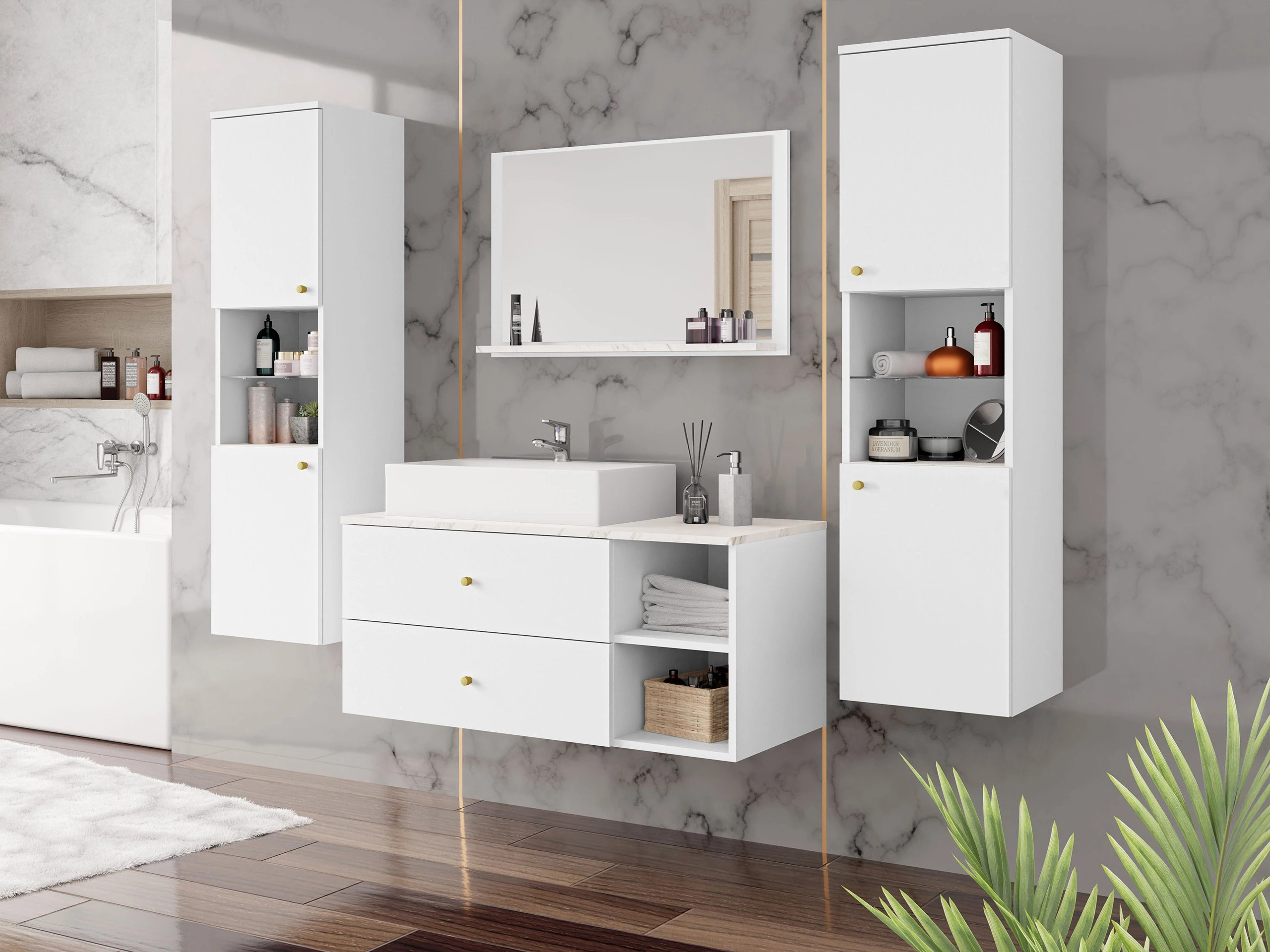 Armoire de salle de bains murale pour lavabo Salus (Blanc + Marbre blanc)