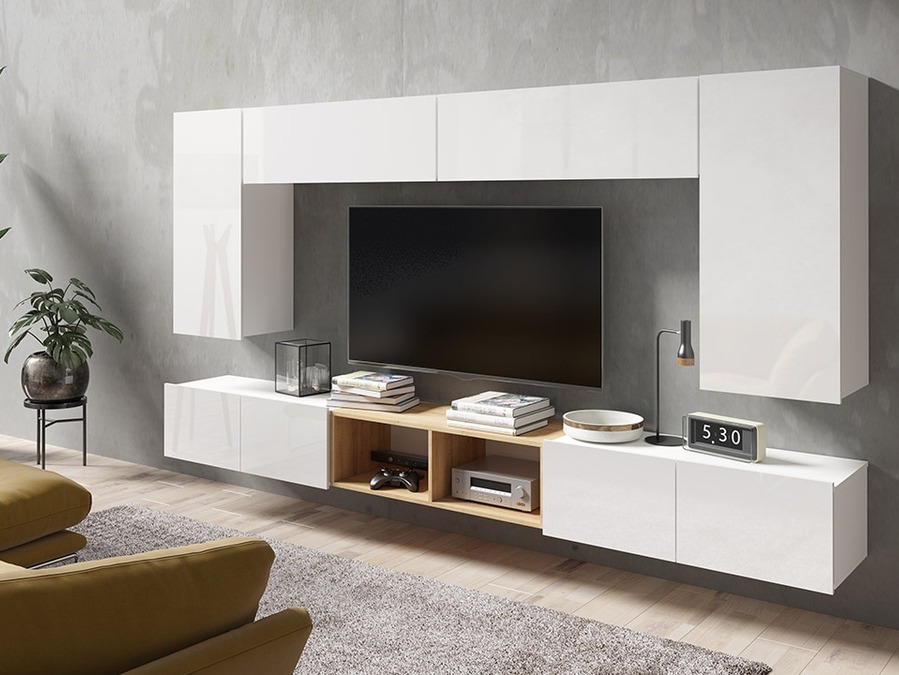 Ensemble de salon Remus XXIII (Blanc + Blanc brillant + Chêne doré)